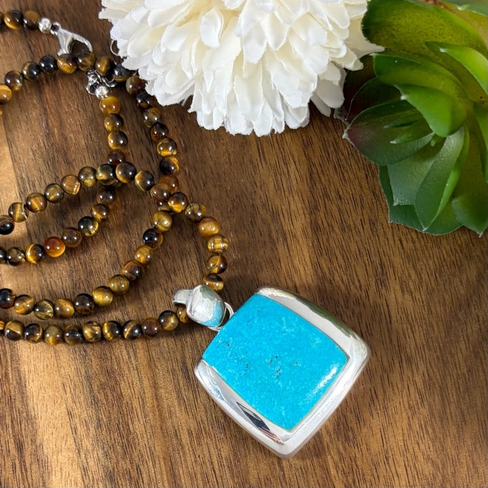 Vintage Sterling Silver 925 Turquoise Pendant Tiger’s Eye Necklace Southwest - Picture 4 of 13